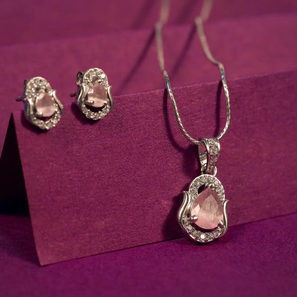[PN1001] Pink stone pendant set