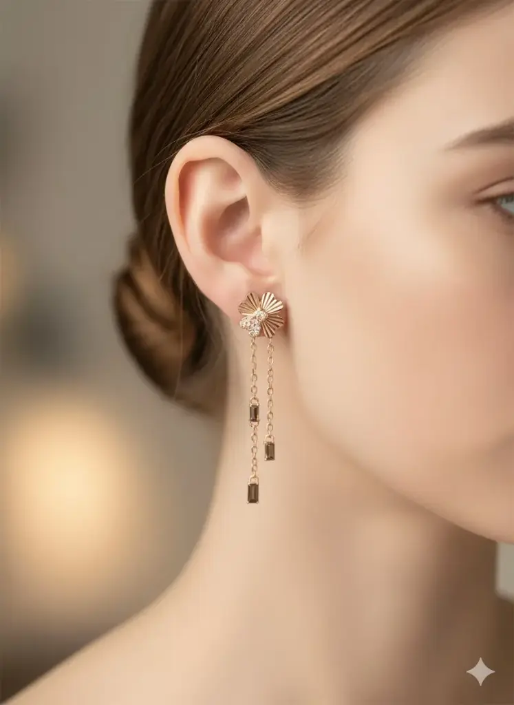 [T050] Flower with Hangings Earrings (Rose Gold)