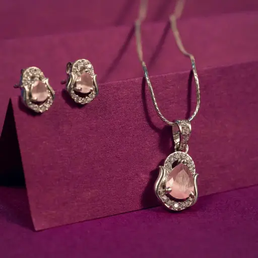 [PN1001] Pink stone pendant set