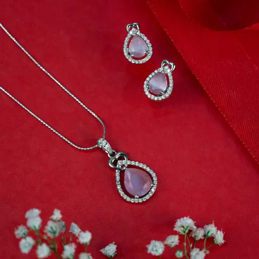 [PN1005] Pink stone pendant set